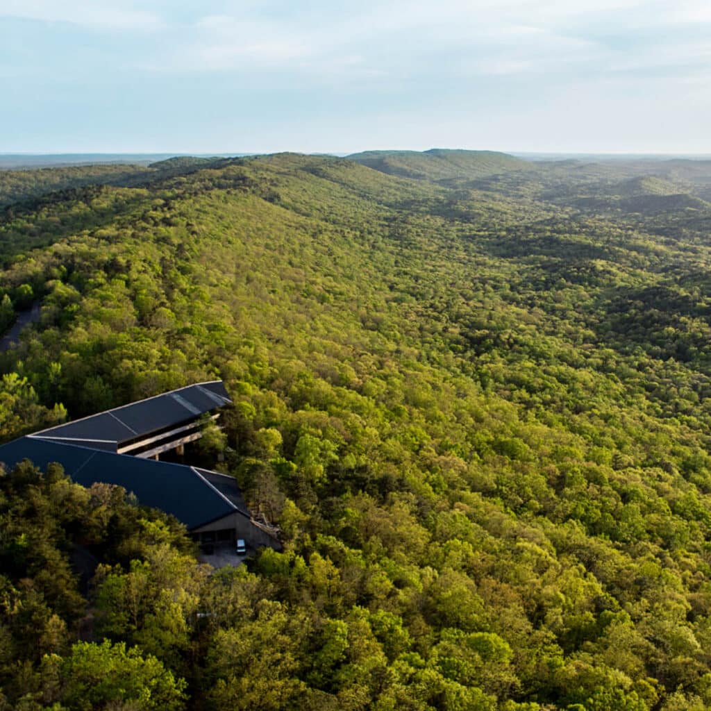 Overview of mountain covered with trees and a house